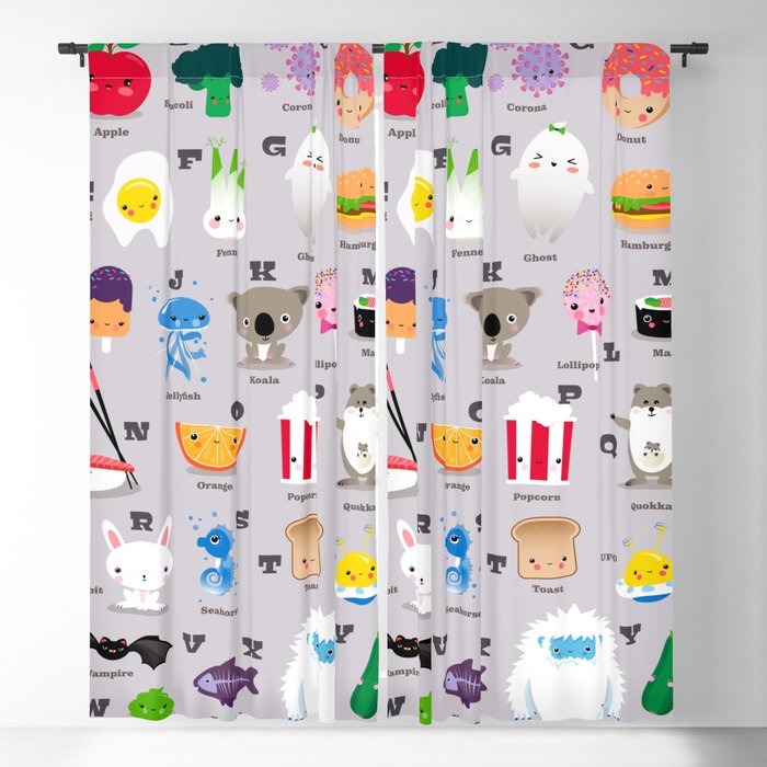 Children’s room alphabet – Kawaii illustrations for all letters from A for apple to Z for zucchini Blackout Curtain