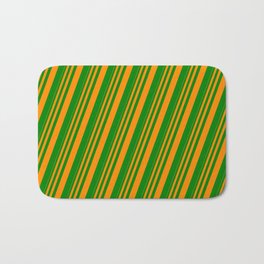 [ Thumbnail: Dark Orange & Green Colored Stripes Pattern Bath Mat ]