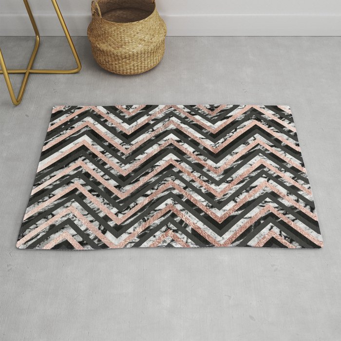 Black And White Marble Rose Gold Chevron Zigzag Rug By