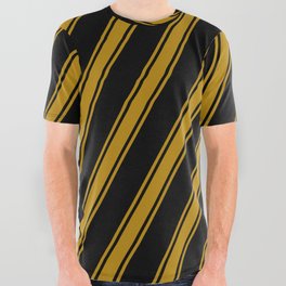 [ Thumbnail: Black & Dark Goldenrod Colored Lines Pattern All Over Graphic Tee ]