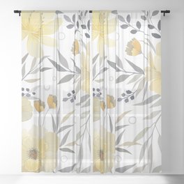 Modern, Floral Prints, Yellow, Gray and White Sheer Curtain