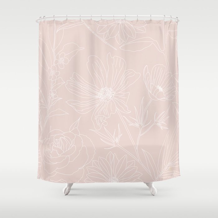 Trendy White Flowers outlines Blush Pink design Shower Curtain