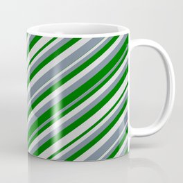 [ Thumbnail: Slate Gray, Dark Green & Light Gray Colored Striped/Lined Pattern Coffee Mug ]