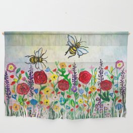 Summer meadow flowers and bees watercolor Wall Hanging