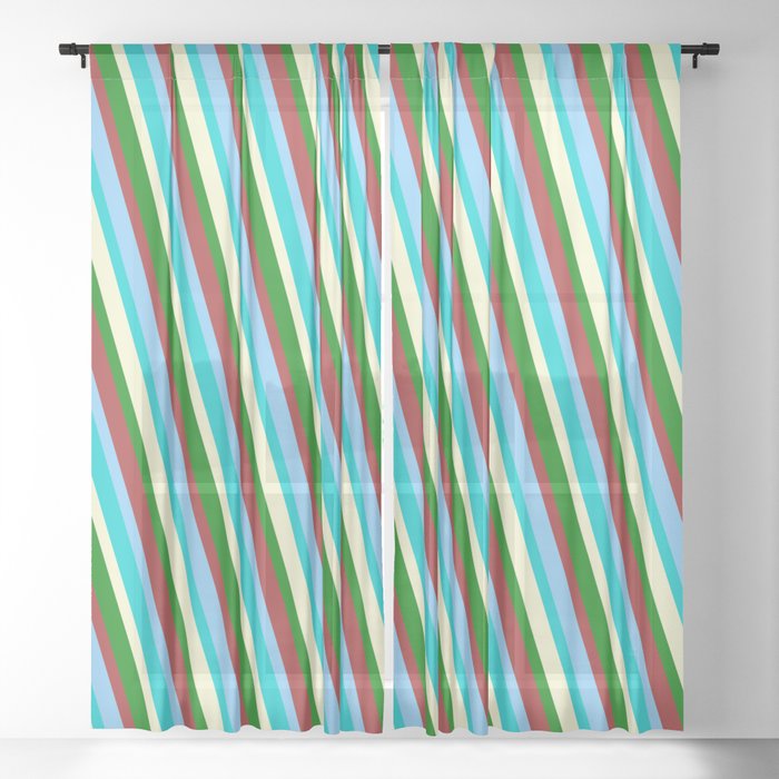 Colorful Brown, Light Sky Blue, Dark Turquoise, Light Yellow & Green Colored Lined/Striped Pattern Sheer Curtain