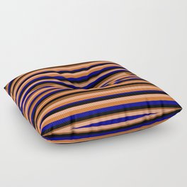 [ Thumbnail: Eyecatching Light Salmon, Chocolate, Blue, Black & Brown Colored Stripes/Lines Pattern Floor Pillow ]