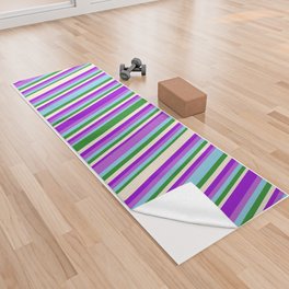 [ Thumbnail: Eye-catching Forest Green, Sky Blue, Orchid, Dark Violet, and Beige Colored Striped/Lined Pattern Yoga Towel ]