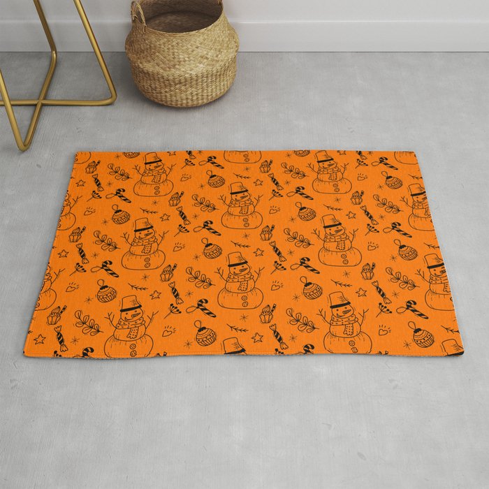 Orange and Black Christmas Snowman Doodle Pattern Rug