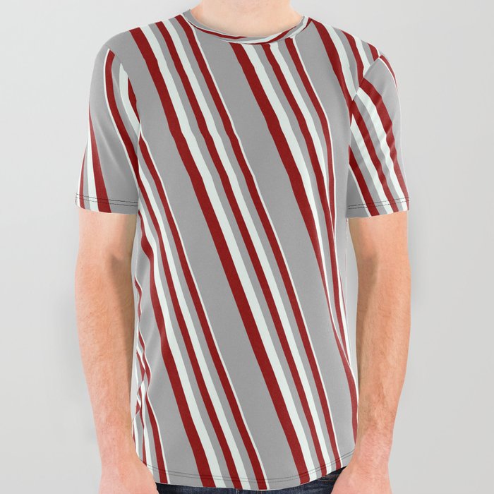 Mint Cream, Dark Red, and Dark Grey Colored Lines Pattern All Over Graphic Tee