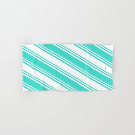 [ Thumbnail: White and Turquoise Colored Lined/Striped Pattern Hand & Bath Towel ]