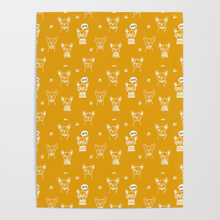 Mustard and White Hand Drawn Dog Puppy Pattern Poster
