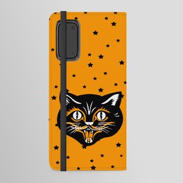 Vintage Type Halloween Black Cat Face Stars Orange Android Wallet Case