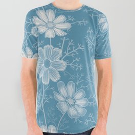 Minimalist Blue Floral Lineart Flowers and Leaves All Over Graphic Tee