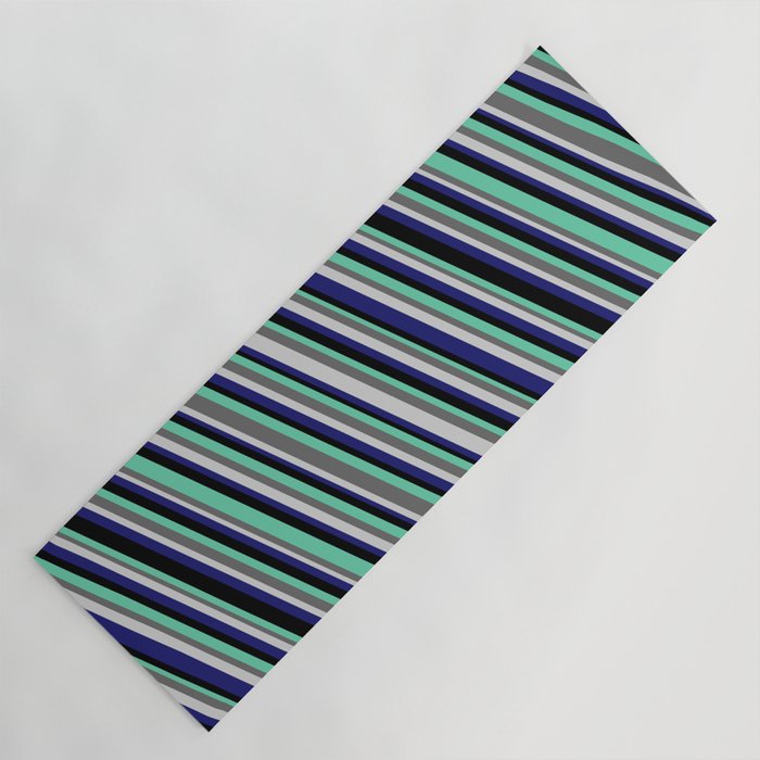 Light Grey, Midnight Blue, Black, Aquamarine & Dim Grey Colored Lined/Striped Pattern Yoga Mat