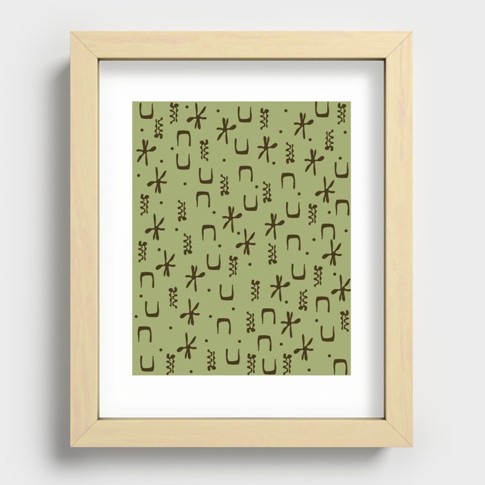 Organic Hieroglyph Abstract Pattern in Sage Avocado Green Recessed Framed Print