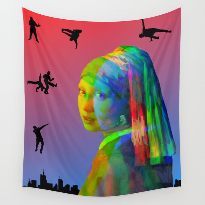 Vermeer's Model in New York City in Red and Blue Background Wall Tapestry