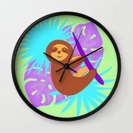 Cute sleeping baby sloth, tropical monstera leaves. Exotic rainforest illustration. Wall Clock