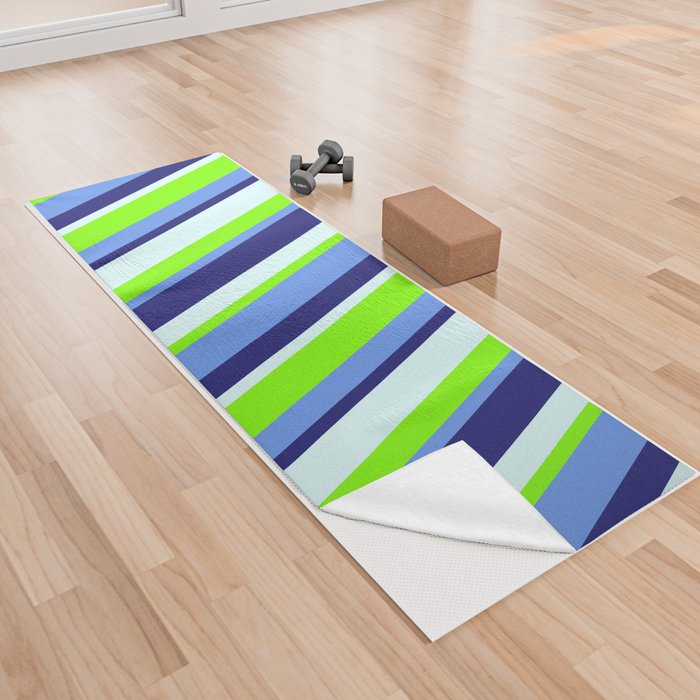 Cornflower Blue, Chartreuse, Light Cyan, and Midnight Blue Colored Lined Pattern Yoga Towel