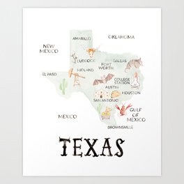 Watercolor Texas Map Art Print