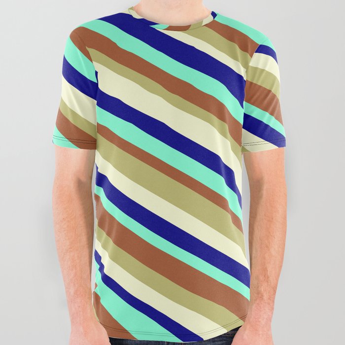 Eye-catching Sienna, Dark Khaki, Light Yellow, Blue, and Aquamarine Colored Striped/Lined Pattern All Over Graphic Tee