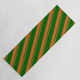 [ Thumbnail: Chocolate & Dark Green Colored Striped Pattern Yoga Mat ]