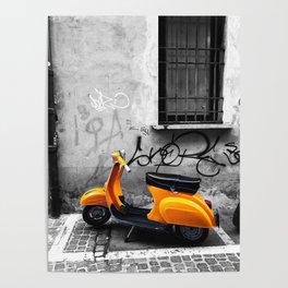 Orange Vespa in Bologna Black and White Photography Poster