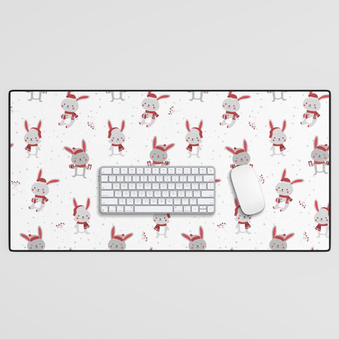Happy Christmas Bunny With Gifts & Berries Pattern Desk Mat