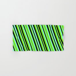 [ Thumbnail: Aquamarine, Green & Black Colored Lines/Stripes Pattern Hand & Bath Towel ]