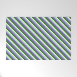 [ Thumbnail: Colorful Light Blue, Purple, Dim Grey, Forest Green, and Light Yellow Colored Lined Pattern Welcome Mat ]