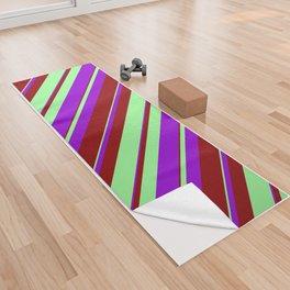 [ Thumbnail: Green, Dark Red & Dark Violet Colored Lined/Striped Pattern Yoga Towel ]