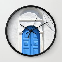 Greek Island Church Entance Door in Sifnos, White and Blue Minimalist Architecture Photography Wall Clock