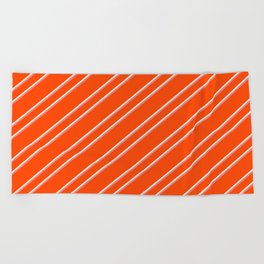 [ Thumbnail: Red, Beige, and Light Coral Colored Lined/Striped Pattern Beach Towel ]