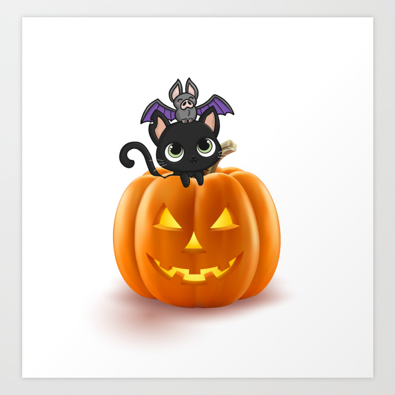 Cute Halloween Cat On Halloween Pumpkins Art Print By Drawfine Society6