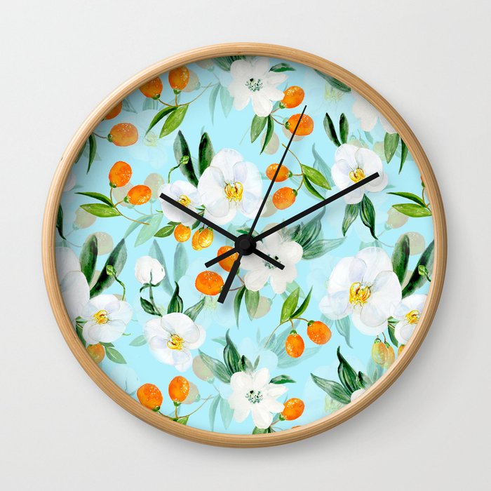 mediterranean summer kumquat and orchid branches on turquoise Wall Clock