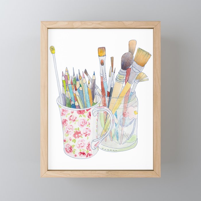 Art Tools: pencils and brushes (ink & watercolour) Framed Mini Art Print