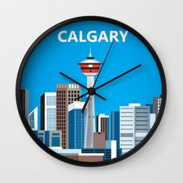 Calgary, Alberta, Canada - Skyline Illustration by Loose Petals Wall Clock | Canada, Calgarytower, Alberta, Stadium, Poster, Print, Calgarystadium, Tower, Calgary, Graphicdesign 
