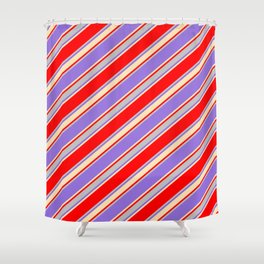 [ Thumbnail: Red, Grey, Purple & Beige Colored Stripes/Lines Pattern Shower Curtain ]