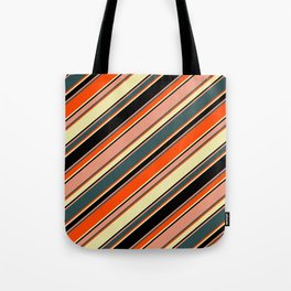 [ Thumbnail: Vibrant Dark Salmon, Dark Slate Gray, Red, Pale Goldenrod, and Black Colored Lines/Stripes Pattern Tote Bag ]