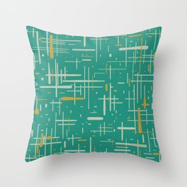 Mid-Century Modern Kinetikos Pattern in Teal Blue Green, Mustard Gold, and Celadon Throw Pillow