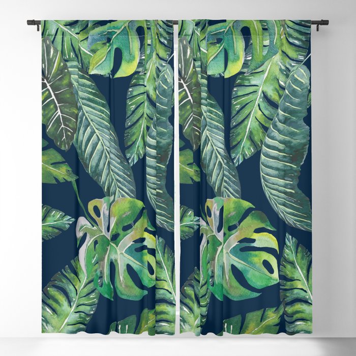 Jungle Leaves, Banana, Monstera, Blue Blackout Curtain