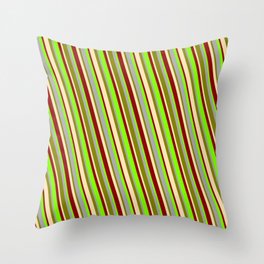 [ Thumbnail: Eye-catching Dark Grey, Green, Beige, Dark Red, and Chartreuse Colored Lined/Striped Pattern Throw Pillow ]