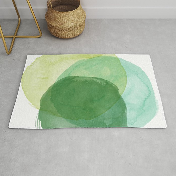 Abstract Organic Watercolor Shapes Painting in Green Rug