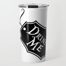 "Drink Me" Alice in Wonderland styled Bottle Tag Design in Black & White Travel Mug