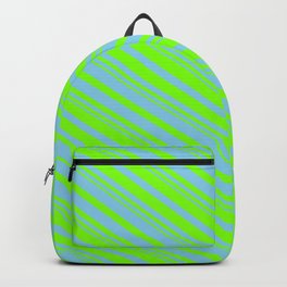 [ Thumbnail: Sky Blue and Chartreuse Colored Pattern of Stripes Backpack ]