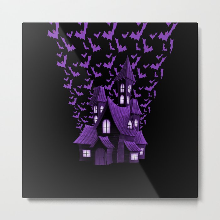 Purple Halloween Haunted House Bat Flyover Metal Print