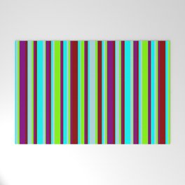 [ Thumbnail: Cyan, Powder Blue, Chartreuse, Purple & Dark Red Colored Lines/Stripes Pattern Welcome Mat ]