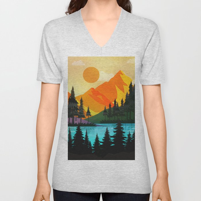 Colorful sunset near the peaceful forest lake V Neck T Shirt