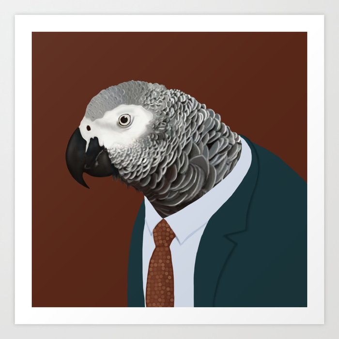 African Grey Parrot In Suit  Art Print