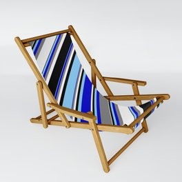 [ Thumbnail: Light Sky Blue, Blue, Gray, White, and Black Colored Striped Pattern Sling Chair ]
