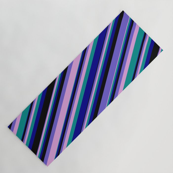 Vibrant Slate Blue, Plum, Dark Cyan, Dark Blue & Black Colored Lines/Stripes Pattern Yoga Mat